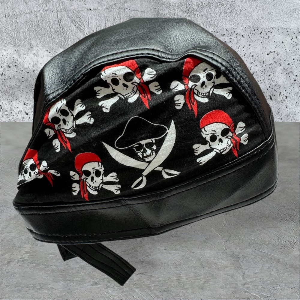 Classic Pirate Skull and Crossbones Biker Leather-Like Head Wrap Durag Bandana